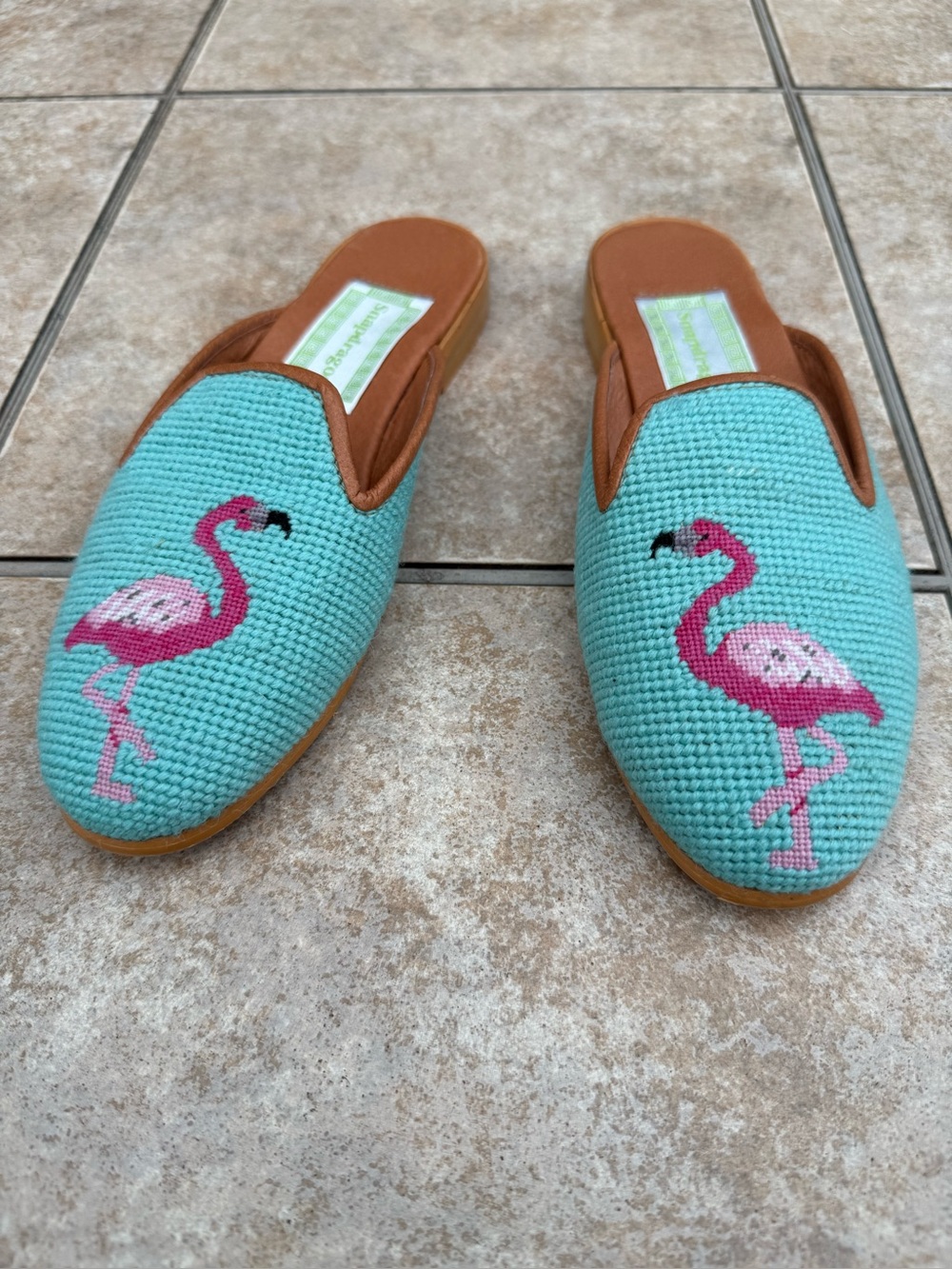 Snapdragon Flamingo Flats needlepoint mules in turquoise
